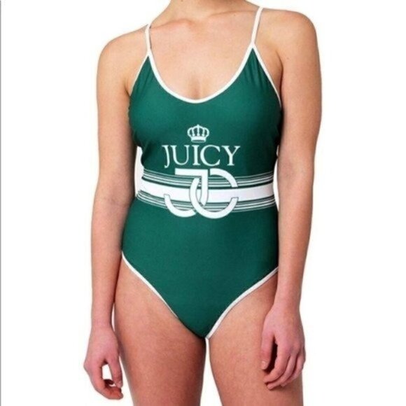 NWT Juicy Couture One Piece Bathing Suit Size Small Green White Hipster - Picture 1 of 8